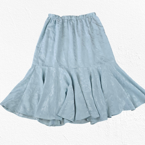 80s Vintage Light Blue Satin Floral Jacquard Lace Tunic Blouse Skirt Set Size 8 - Picture 10 of 14